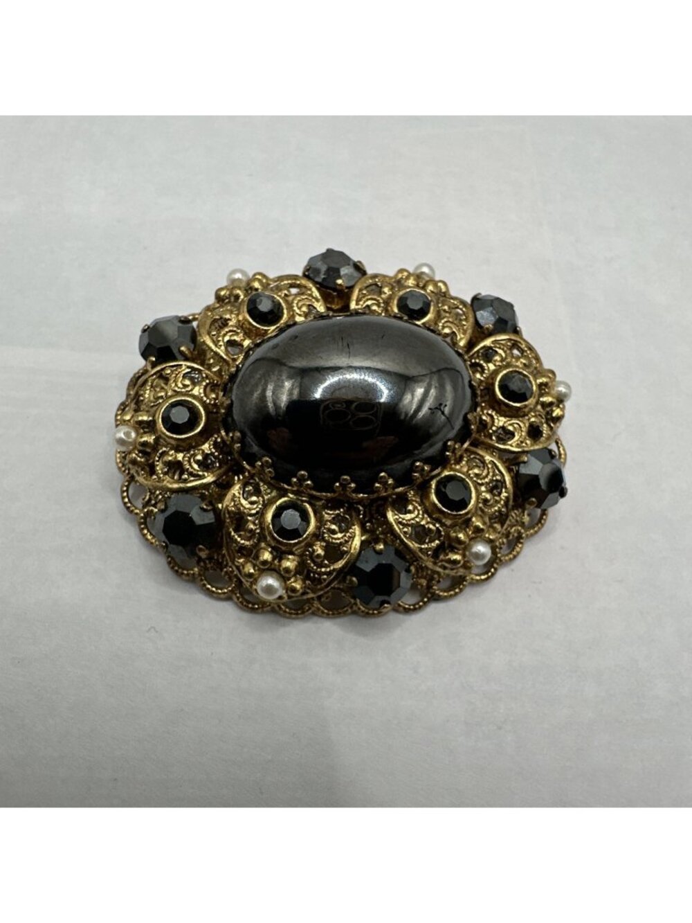 Vintage West Germany Brooch - Hematite Glass 1950s Ornate Filigree Statement Pin